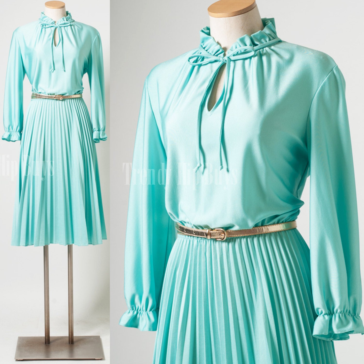 Vintage Mint Green Dress 70s Dress Secretary Dress Pleated Dress Ruffle Dress Mlxl 3581