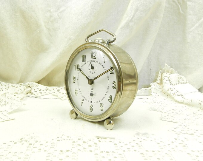 Large Working Vintage Mid Century Chrome Metal Jaz Wind Up Mechanical Alarm Clock, French Bedside Timepiece, Brocante Bedroom Decor