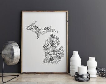 State of Michigan Upper and Lower Peninsula Typography Print; Wall Art and Decor; Wedding Anniversary Engagement Graduation Gift Decor