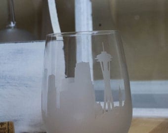 Etched Seattle Washington Skyline Silhouette Wine Glasses or Stemless Wine Glasses