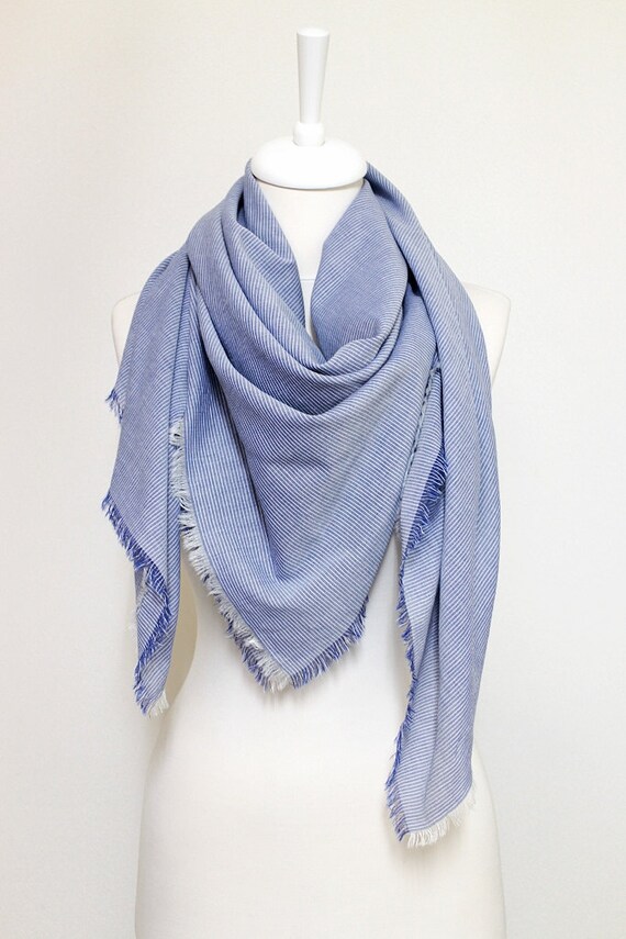 Square Blue Fringe Large Scarf Soft Cotton Blend Scarves Men