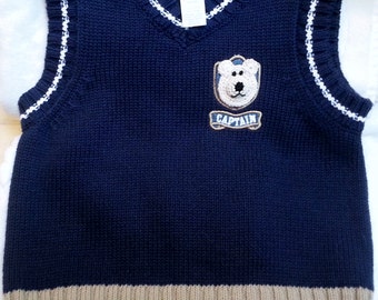 Baby Infant Boys Navy Blue Pullover Sweater Vest - Handmade Teddy Bear Face - One Size 12-18 months