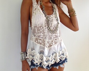 Sheer Lace Tank Top /Boho Lace Top/ Romantic Lace top/Swim suit cover up. Could be worn for many occasions!