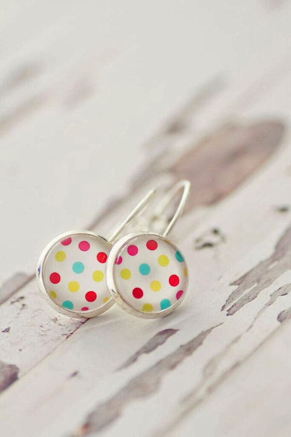 Polka Dot Lever Back Earrings - FREE POSTAGE WORLDWIDE - Drop Earrings - Rainbow - Silver - Glass Earrings - Glass Gun Metal - Jewelry