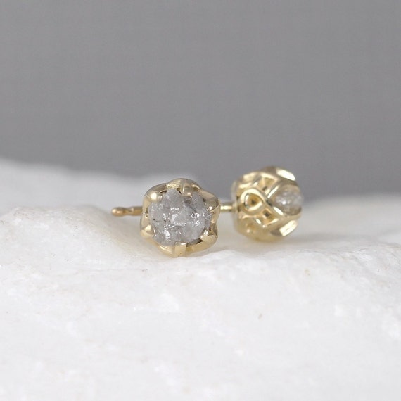 Raw Diamond Earrings - 14K Yellow Gold Filigree Style - Rough Diamond ...