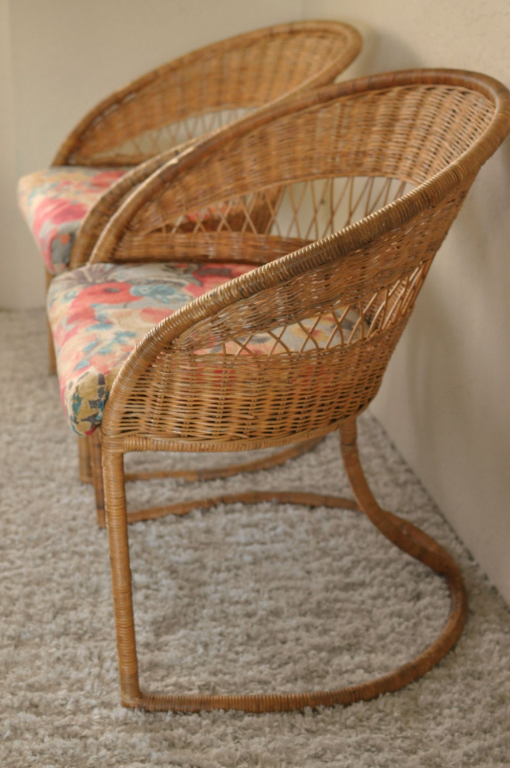 Pair of Rattan Horseshoe Sunroom Chairs/Wicker Bungalow Furniture