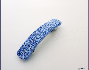 Barrette Blue White Polymer Clay, Handmade Hair Accessory, Ponytail Barrette, Gift for girls, READY TO SHIP