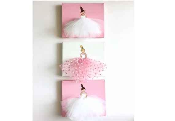 Nursery Wall Decor, Kids Decor, Pink Wall Art, Ballerina Art (Set of 3 Ballerina Canvases)