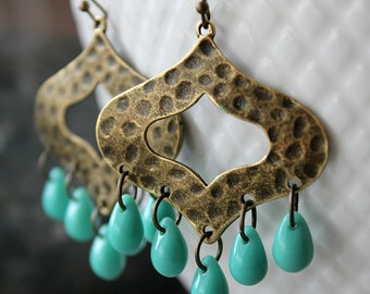 Green Turquoise Boho Chandelier Earrings, Antique Brass, Bohemian Hoop Earrings, Moroccan dangles, Southwest, Gypsy Jewelry