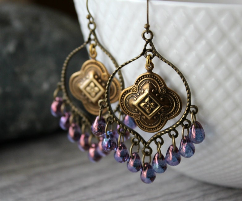 Purple Boho Chandelier Earrings Golden Clover Bohemian Hoops