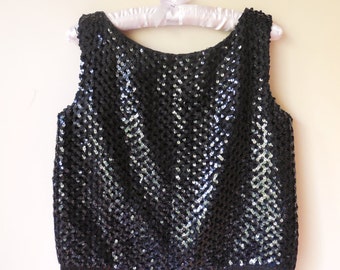 vintage 1960s black sequin top with fringe