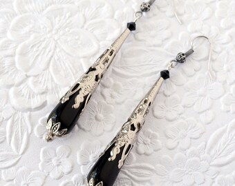 Art Nouveau Silver Earrings Black Onyx Earrings Teardrop Earrings Long Dangle Earrings Downton Abbey Inspired Neo Victorian Jewelry