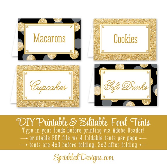 Black Gold Glitter Printable Party Food Tents Folding Black Gold Glitter Printable Party Food Tents Folding