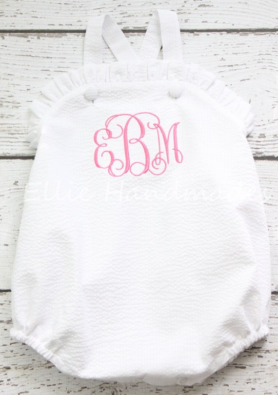White Seersucker Ruffle Bubble with Pink Monogram First