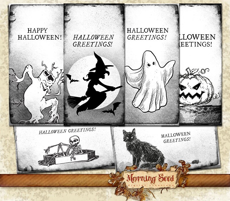 Black and white Halloween printables 4.5 x 2.25 by MorningSeed