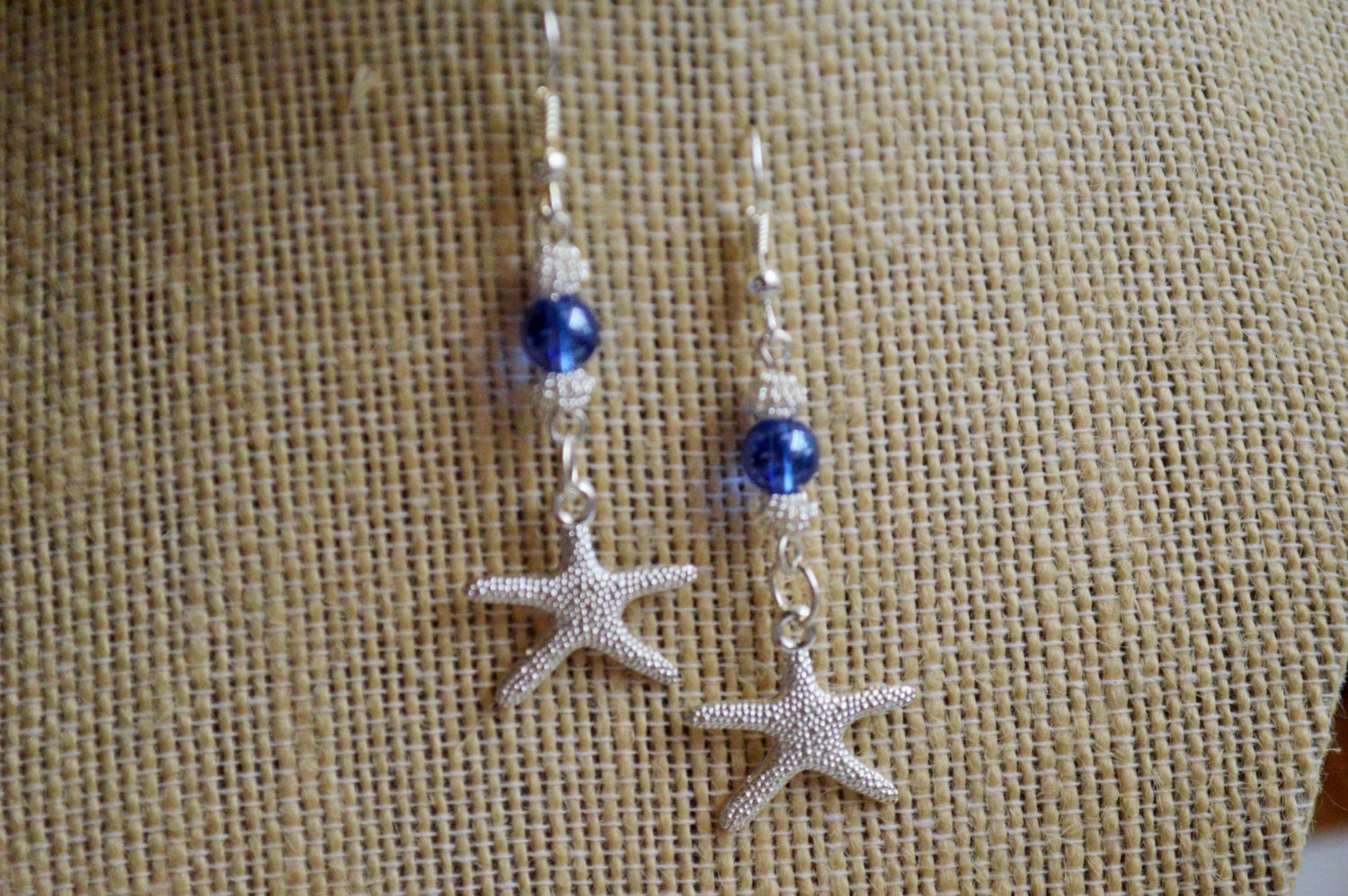 Starfish Earrings Blue Beaded Starfish Charm Earrings