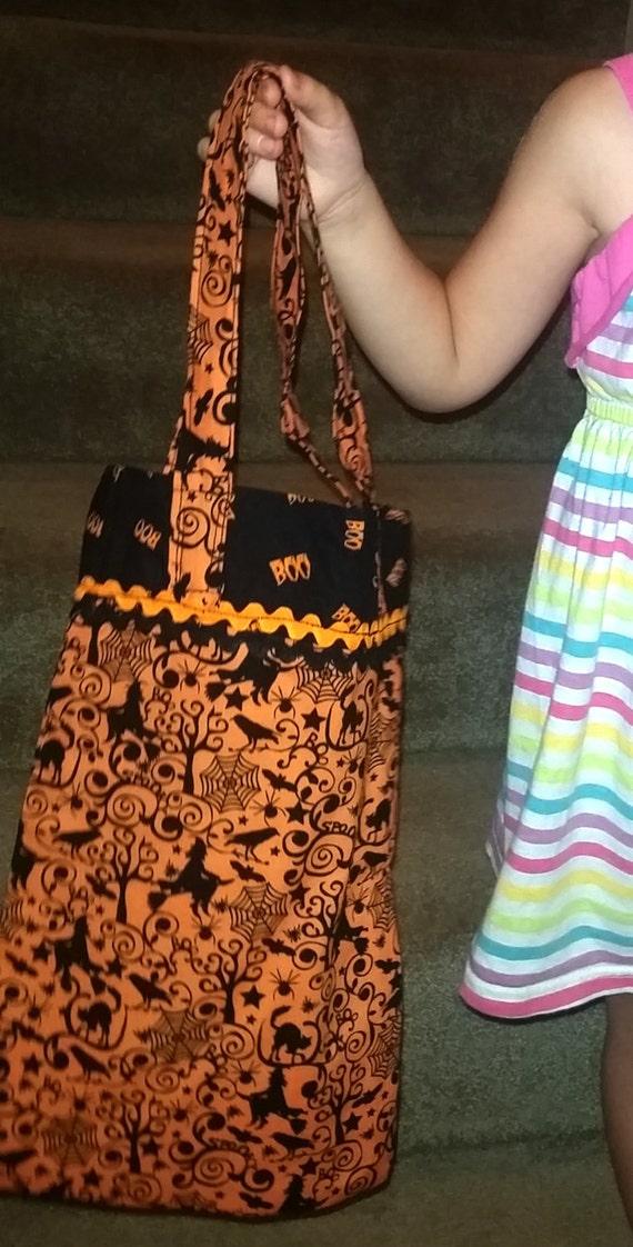 Halloween Candy Bag Orange and Black Trick or Treat Tote for a young child 21 Inches Long