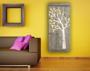 Reclaimed Wood Wall Art, Hand painted silhouette of a cute whimsical tree in white.