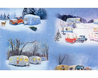 Blue Christmas Retro Travel Trailer Fabric, Elizabeths Studio ELS3500 BLU, Camping Fabric, Vintage Campers, Glamping, Winter Fabric, Cotton