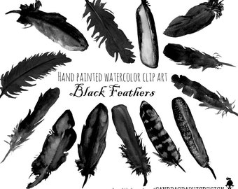 Halloween clip art, black feathers, feather clip art, with spooky black hand painted feathers (5198)