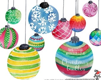 Christmas clip art: "CHRISTMAS ORNAMENTS" hand painted watercolor Christmas baubles, 10 clip art 300 dpi PNG files (5182)