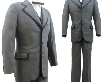 Vintage 60s 70s Suit Men's Mod 3 Piece Two Tone Grey Black Jacket Vest Pants 38