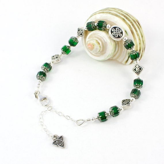 Silver Celtic Bracelet, Celtic Knot Bracelet, Celtic Green Bracelet, Adjustable Length Bracelet, Handmade Sterling Bracelet,