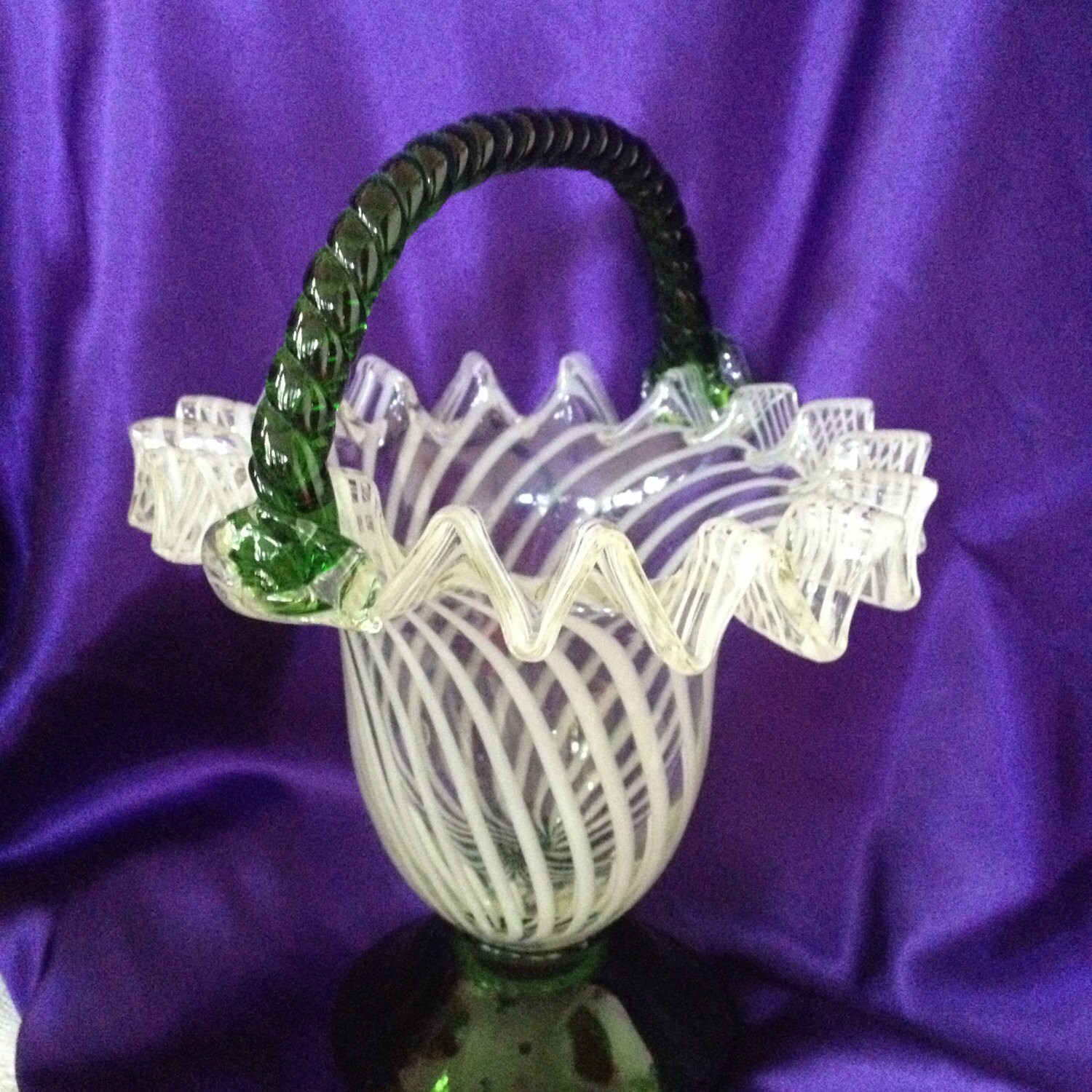 Vintage Art Glass Basket Folded Ruffles Frosted Spiraled