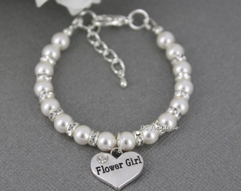 Flower Girl Bracelet, White Pearl Bracelet, Swarovski Bracelet, Bridal Party Jewelry, Flower Girl Gifts, Available in White or Ivory