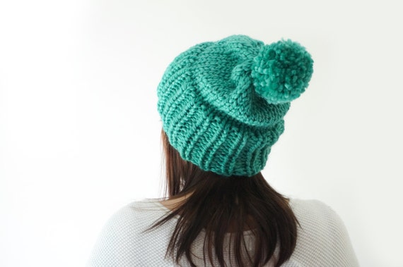 Items similar to slouchy knit mint green beanie, pom pom wool knitted ...