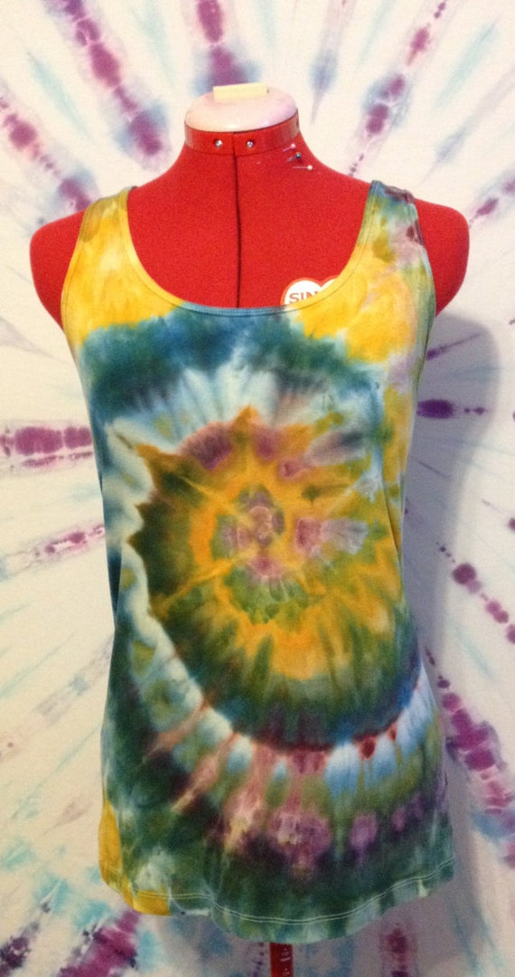 Tie Dye Tank Top Ice Dyed In Purple, Orange, and Green Size Large