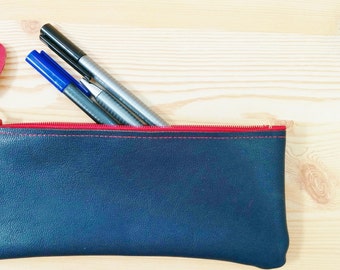 Pencil case,leather pencil case, leather pencilcase, leather pouch, navy blue leather, blue pencil case, leather case,red heart leather