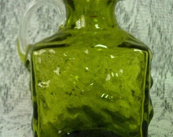 Pilgrim Glass Green Blown Glass Square Syrup Pitcher or Creamer -Bark Textured, Clear Applied Handle