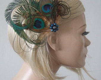 Green Brown Blue Curled Peacock and Pheasant Feathers Fascinator Hair Clip "Dahlia" FG2008 Bridal Boho Rustic Wedding Bridesmaids Woodland
