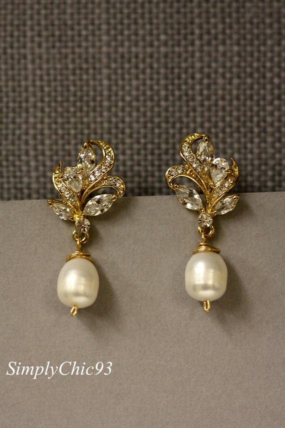 Gold Bridal Earrings Pearl Drop Earrings Crystal earrings