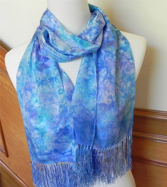 Crepe silk scarf with fringe hand dyed shades of purple and
