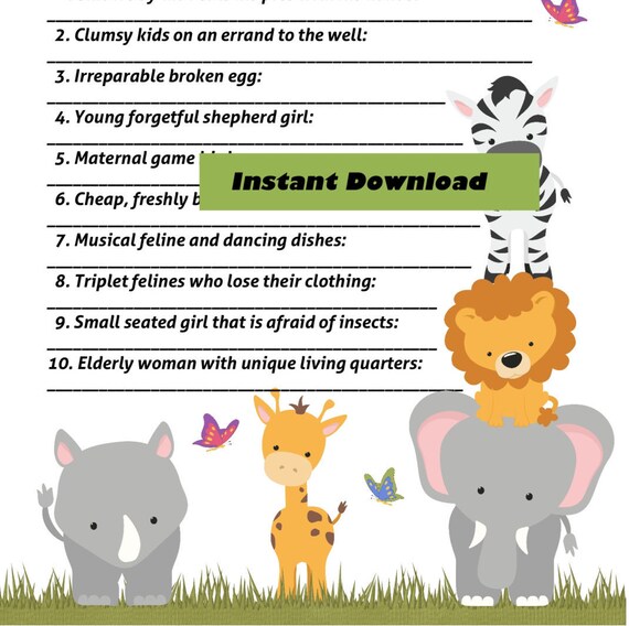 Nursery Rhyme Jungle Safari Baby Shower Game Zoo Animal Baby