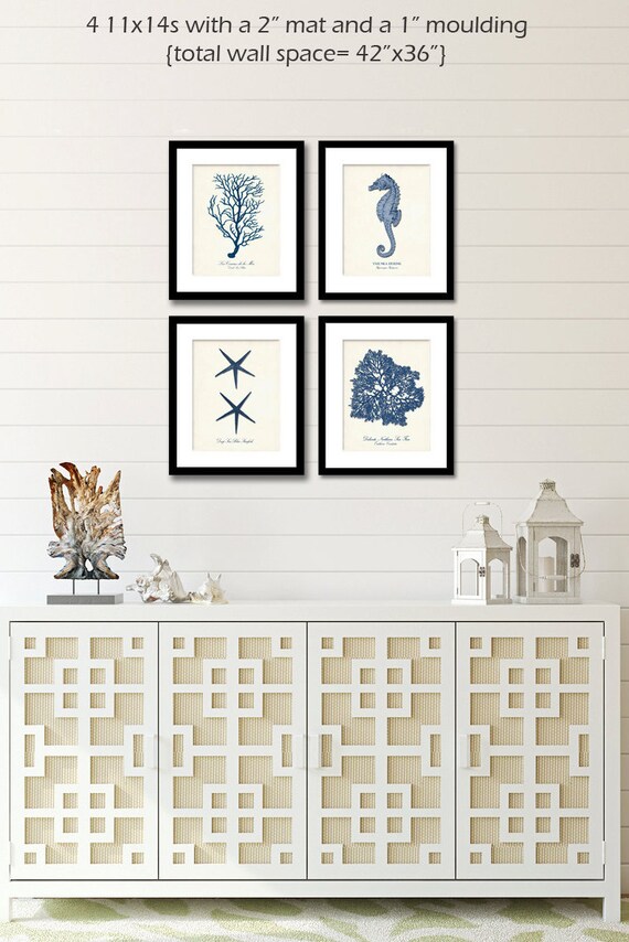 Set of 4 Navy Blue Nautical Prints Coastal Wall Art Coral