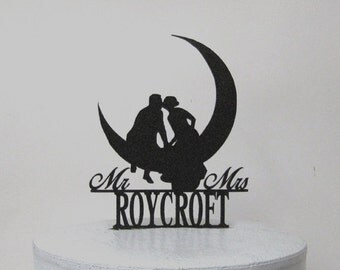Personalized Wedding Cake Topper - Kissing on the Moon with Mr & Mrs last name