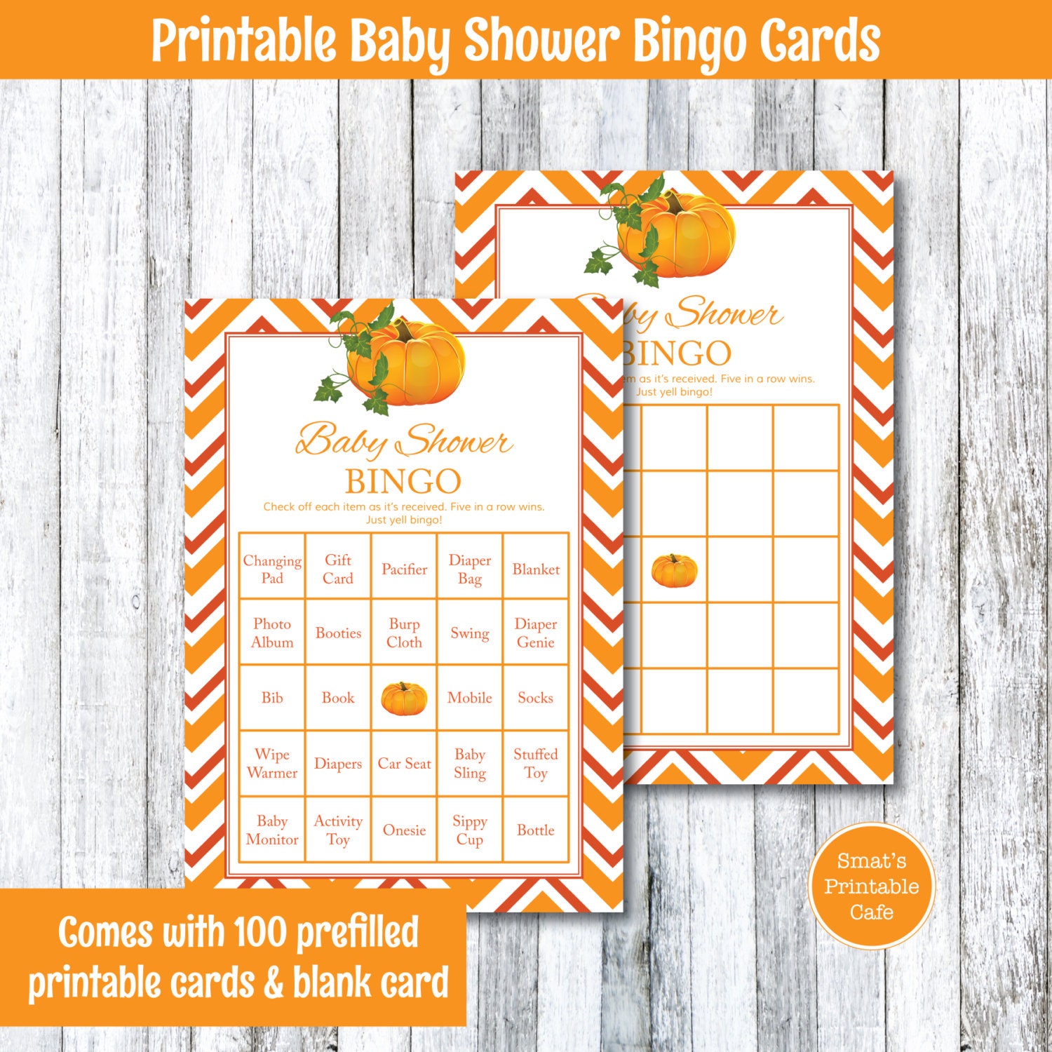 Pumpkin Baby Shower Bingo Game with Pre-Filled &amp; Blank Cards