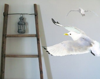 Wall Decals Flying Seagulls, Bird Sticker Seagulls, Animals Nature, Coast Ocean Beach, Watercolor Fabric Wall Sticker (Not Vinyl), Two Birds
