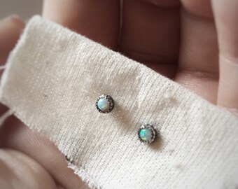 itty bitty dainty opal studs sterling silver oxidized tiny small ear studs serrated edge sun burst design everyday matte black ear studs