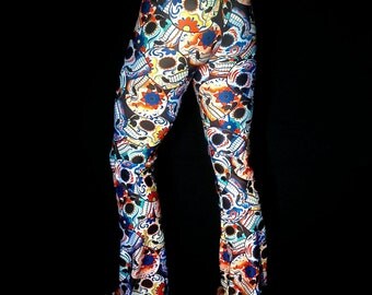 Candy Sugar Skull Men's Legging and Flare Pants // Meggings // Day of the Dead // Dia De Los Muertos