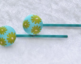 Vintage Turquoise Fabric floral Hair Pins Bobby Pin Pair