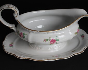 China Gravy Boat with Attached Spill Dish by Johann Haviland Rose Patttern Bavaria Gravy Dish