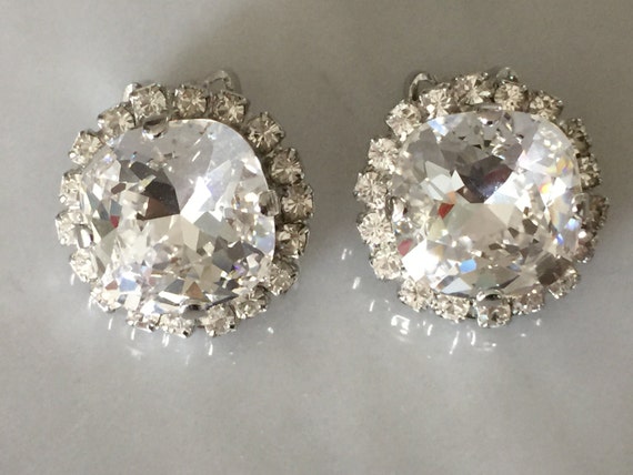 Swarovski Crystal Cushion Cut Halo Clip On Earrings, Silver
