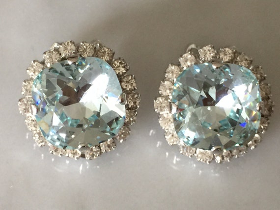 Light Azore & Clear Cushion Cut Crystal Clip On Earrings