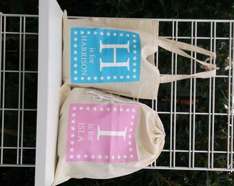 PERSONALISED library bag sports or ballet bag - drawstring or shoulder strap, choice of 15 print colors, calico