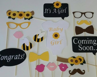 Sunflower and Bee 18 Piece Photo Booth Set/ Sunflowers/ What Will It Bee/ Coed Baby Shower Props/ Gender Neutral Shower /Twinsies