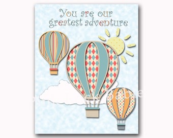 Hot air balloon nursery wall art baby boy room decor new born gift toddler quotes children room decoration our greatest adventure blue red